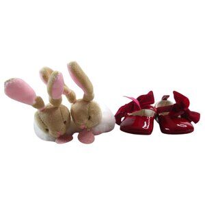 Doudou Et Compagnie Baby Girl Bunny Plush Slippers & Red Bow Dress Shoes 0-6M